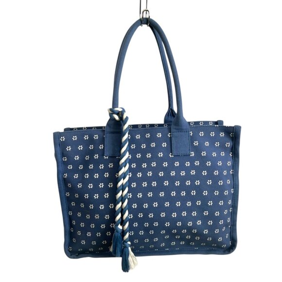 J. Crew Floral Chambray‎ Canvas Structured Tote Blue Boho Coastal Beach Picnic - Picture 1 of 16